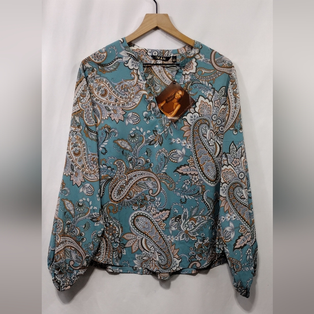 NWT Iman Paisley Blouse Women's L Blue Brown Cottagecore Peasant Boho Retro Y2K